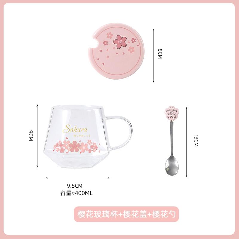 Sakura Glass Water Cup, Heat-resistant Tea Cups, High Aesthetic Mug, Spoon with Lid, Home Office Milk Coffee Mugs, Holiday Gift