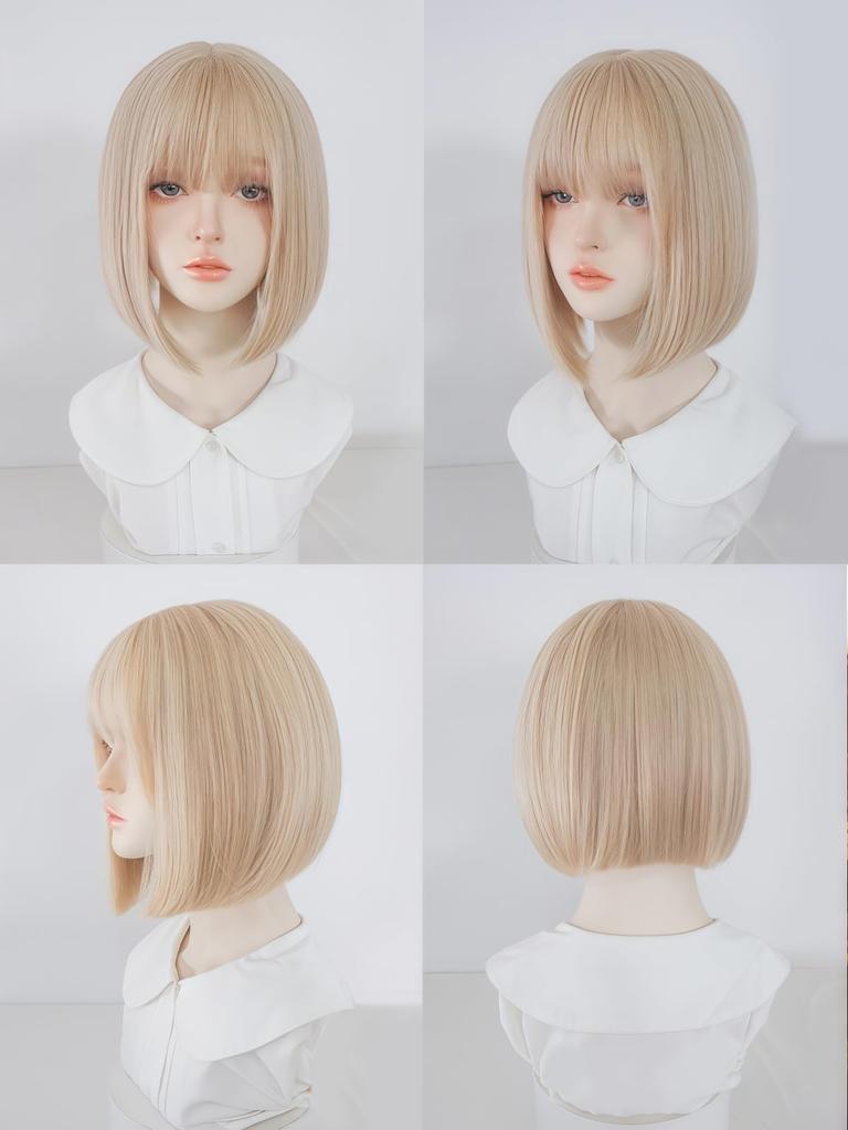 RyuuCos Women's Wig with Blunt Bangs, Straight, Short, Bob, Gold, Heat-Resistant, Perfect for Cosplay, Costumes, Halloween, Christmas, School Festival