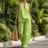 Einfaches Elegantes Anzug Zweiteiliges Baumwoll Leinen Sets für Damen Ärmellos V-Ausschnitt Lässig Formell Tragen Neckholder Top Passende Weite Hosen Sommerurlaub