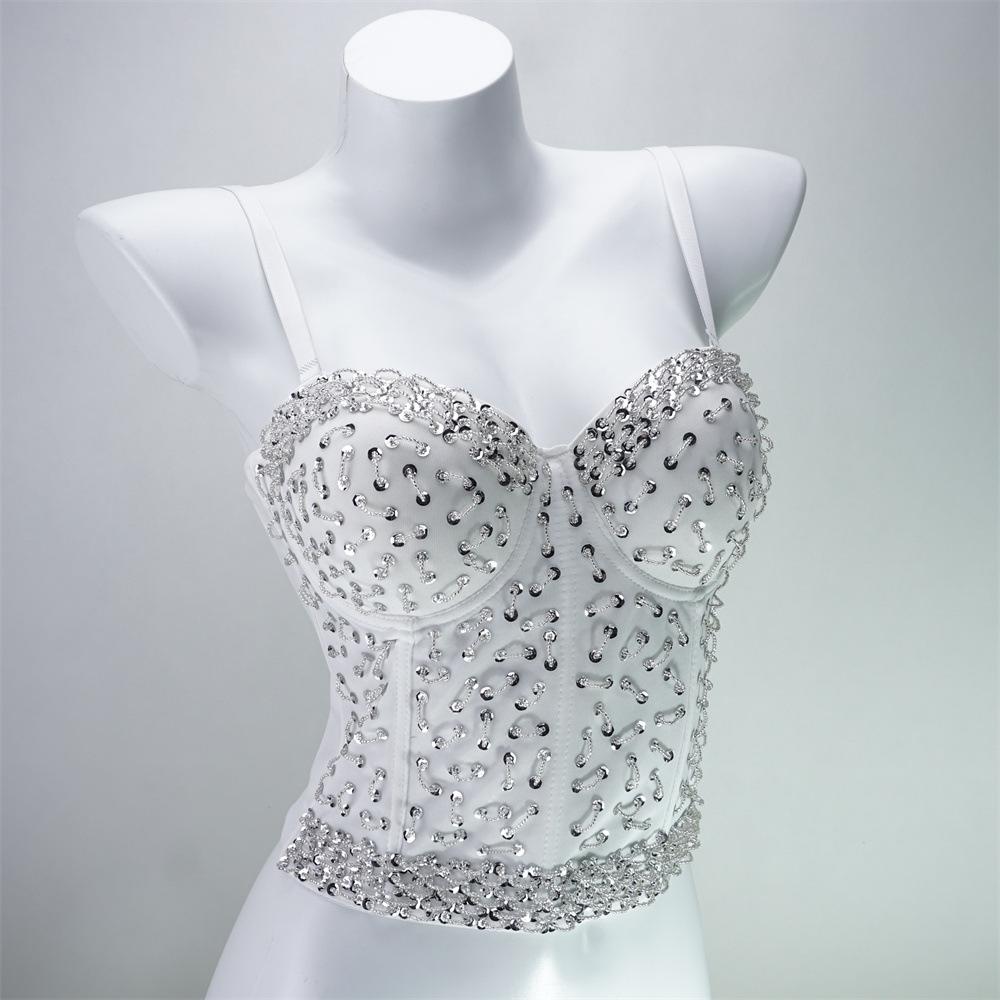 Sparkling Pearl-Embellished Longline Bustier Corset with Boning Women's Outerwear Top Bra Vest Fashion