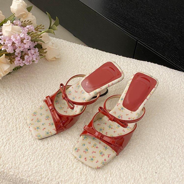 French Elegant Wedge Slippers Women's Head Temperament Open-toe Word with Bow High-heeled Sandals 2025 Summer New