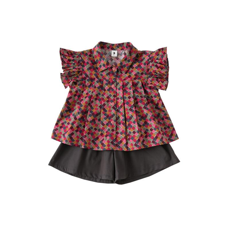 

Girl Summer Cotton Plaid Twopiece Set With Short Sleeve Top And Shorts For Kids Age 3 To 8 90CM