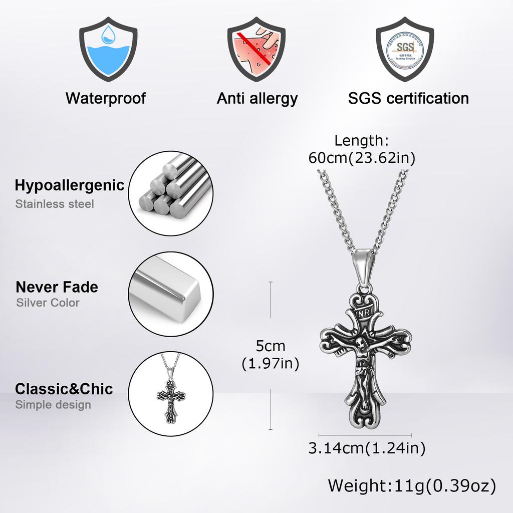 Vnox Jesus Catholic Cross Pendant Necklaces for Men Boys, Retro Grey Crucifix Stainless Steel Link Chain, Christian Jewelry Gift