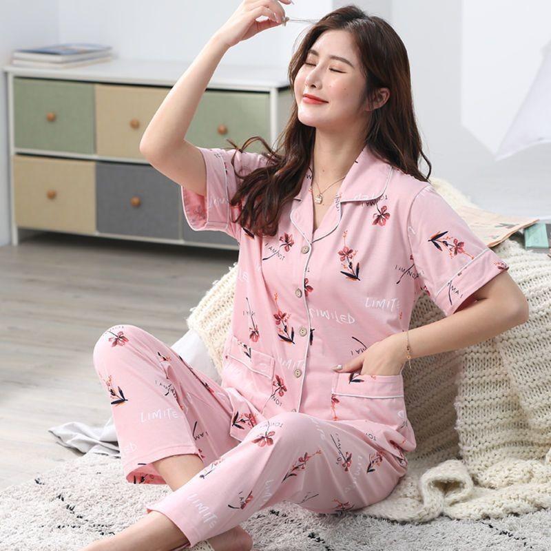 Pure cotton pajamas women's summer short-sleeved trousers two-piece set spring and summer loose casual loungewear can be worn outside