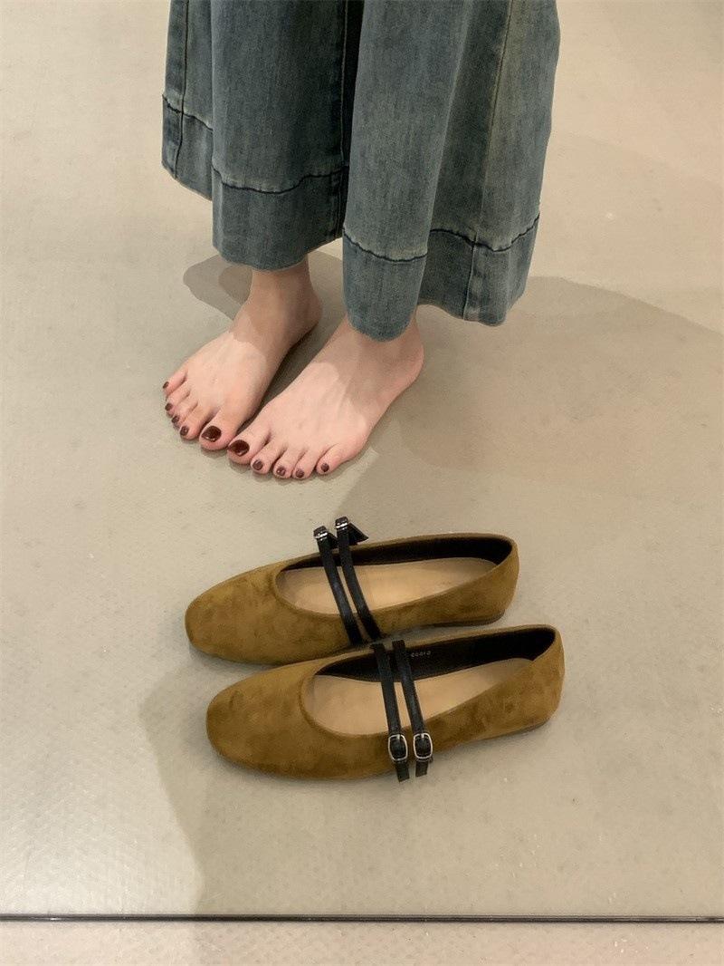 

French ballet style one-word buckle single shoes women s shoes 2025 spring and autumn round head Mary Jane shoes suede versatile flats 40