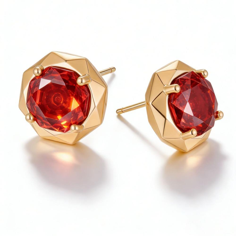 Elegant Octagonal Rose Cut Geometric Earrings with High Carbon Diamond Gold Tone Red Earrings for Women