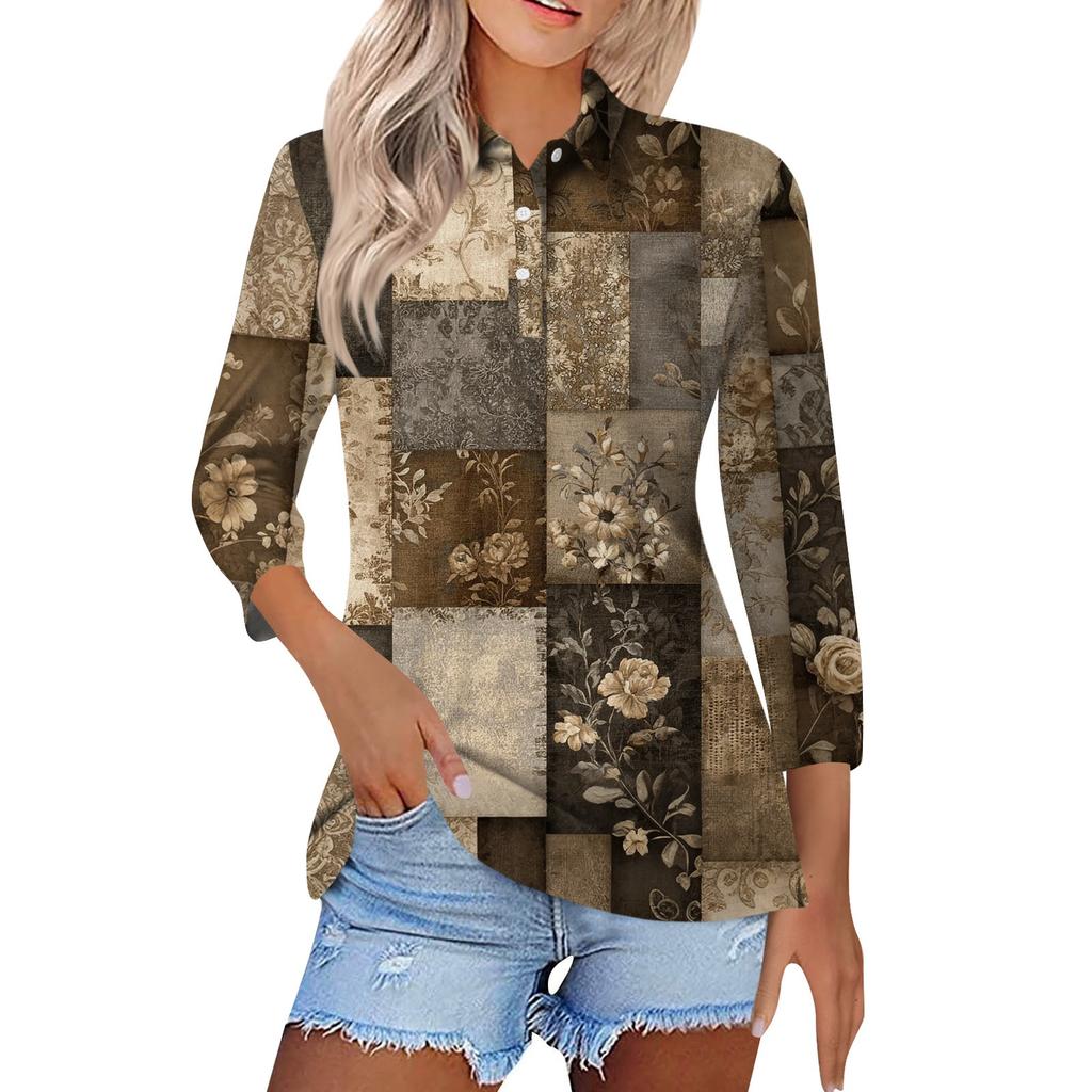 Women's Fashion Casual Lapel Short 3/4 Sleeve Print Shirt Women's Button Up Tops