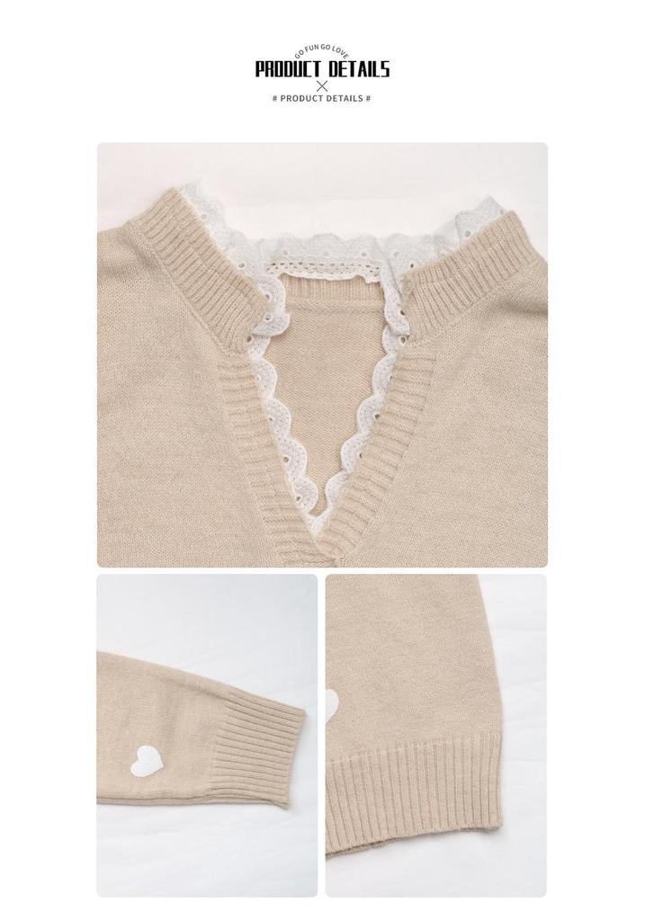 Women's V-Neck Heart Pattern Sweater - New for Autumn/Winter 2026, Casual Patchwork Long Sleeve Knit Top