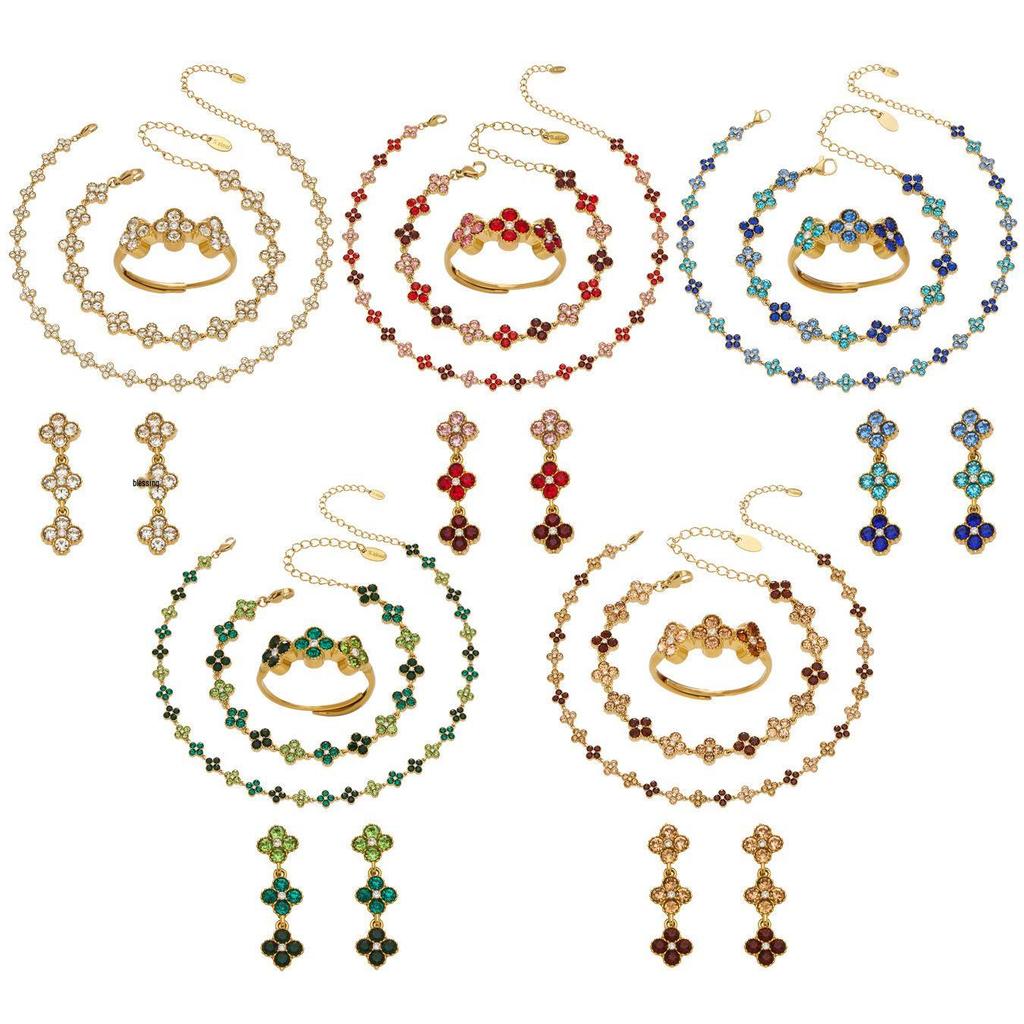 Multi-Color Zirconia Diamond Necklace, Bracelet, Ring & Earring Set - Stainless Steel