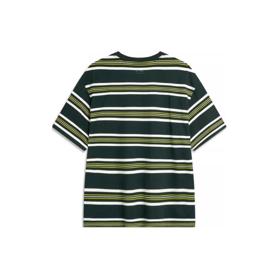 Li-Ning Weekend Youth Simple Versatile Striped Drop Shoulder Round Neck Cotton Short Sleeve T-Shirt Unisex Tops Retro-Green AHSU655-3