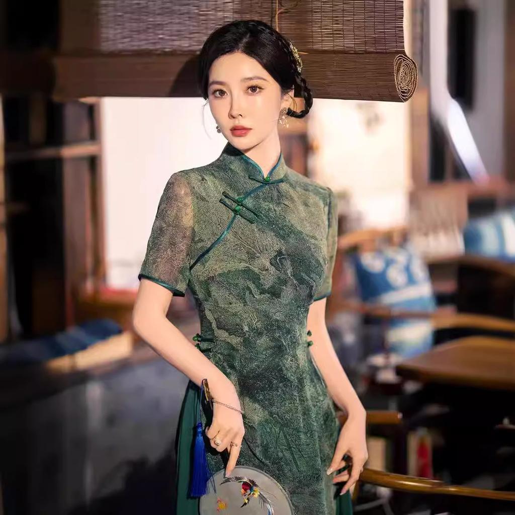 Chinese style improved Odai cheongsam 1011 spring daily plain and elegant Republic of China style improved dress tea clothes long