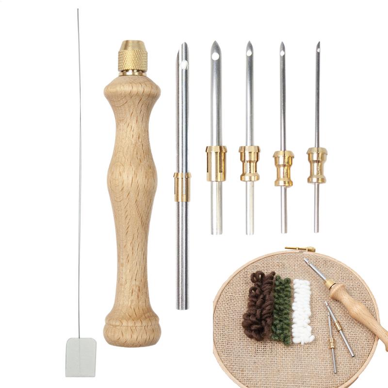 Punch Needle Kits Wooden Handle Punch Pen Embroidery Tools 5/3.5/2.5/2/1.6mm Needles Hooking Tool Kits for Embroidery Floss
