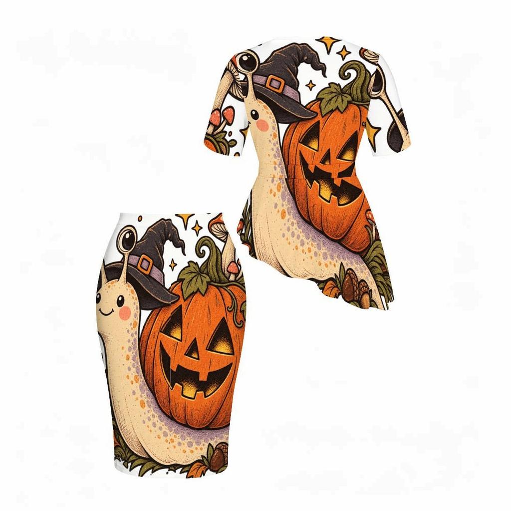Women Plus Size Round Neck Short Sleeve Cute Bear Pumpkin Printed Asymmetric Top Fitted Skirt Two Piece Set