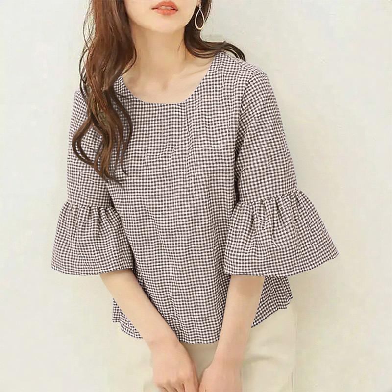 ZANZEA Women Summer Round Neck 3/4 Sleeve Plaid Print Blouse