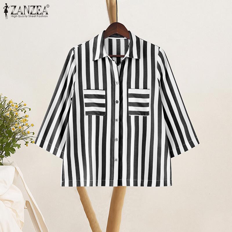 ZANZEA Women Turn Down Collar Summer Loose Casual 3/4 Sleeve Stripe Blouse