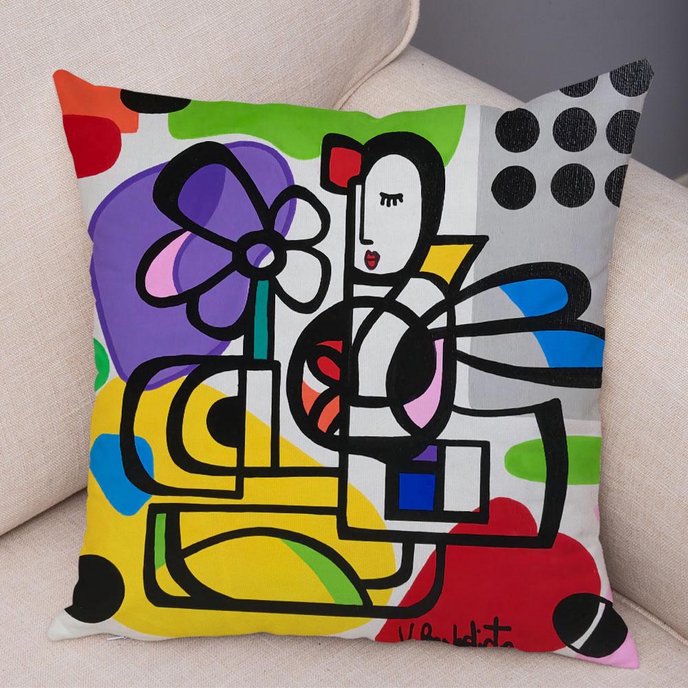 Geometric Cartoon Girl Colorful Abstract Art Drawing Pillowcase Sofa Cushion Cover Home Car Decor Home Decor