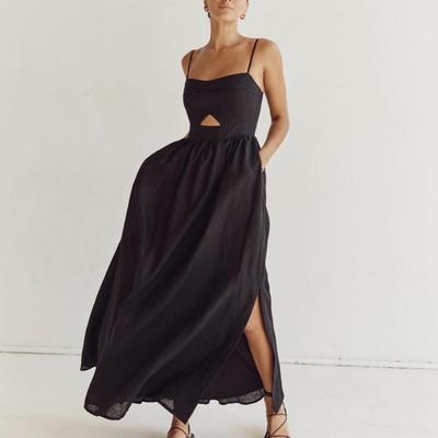 Europäische und amerikanische Mode atmungsaktives rückenfreies langes schwarzes Trägerkleid