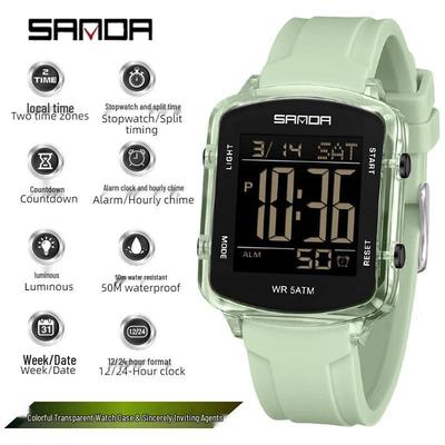 Sanda Dual Time Waterproof Transparent Sports Wristwatch with Colorful Single Display and Student Timer Function