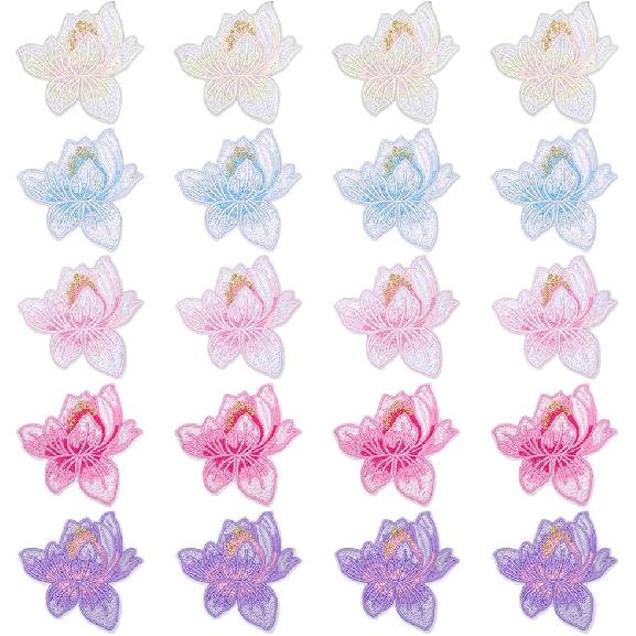 FREEBLOSS 20Pcs Flower Embroidered Patches Lotus Applique Patches Iron On Patches for Backpacks Embroidered Appliques Patches for Clothes