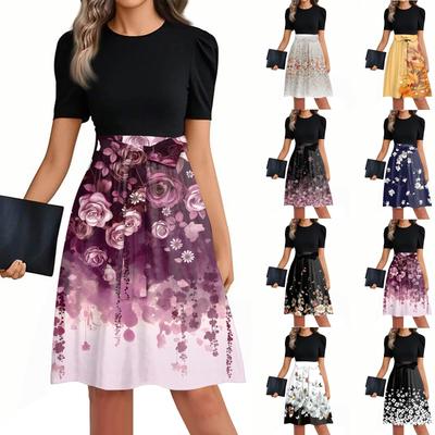 Women's Fashionable Casual Belt Short Sleeved Round Neck Printed Patchwork Dress