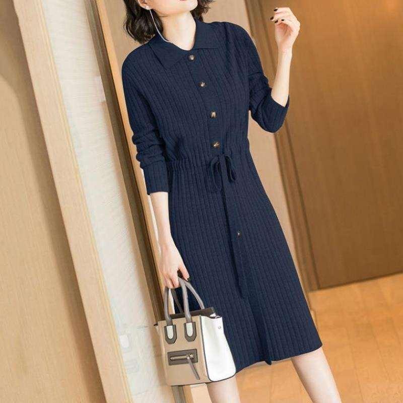 Spring Autumn Lapel Knit Dress Women's Long Loose Tie Sweater Dresses