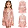 Kinder Mädchen Funkelndes Pailletten Bühnen Set Revers Langarm Ein-Knopf Crop Cardigan Jacke und Faltenrock 2-teiliges Auftritts Outfit
