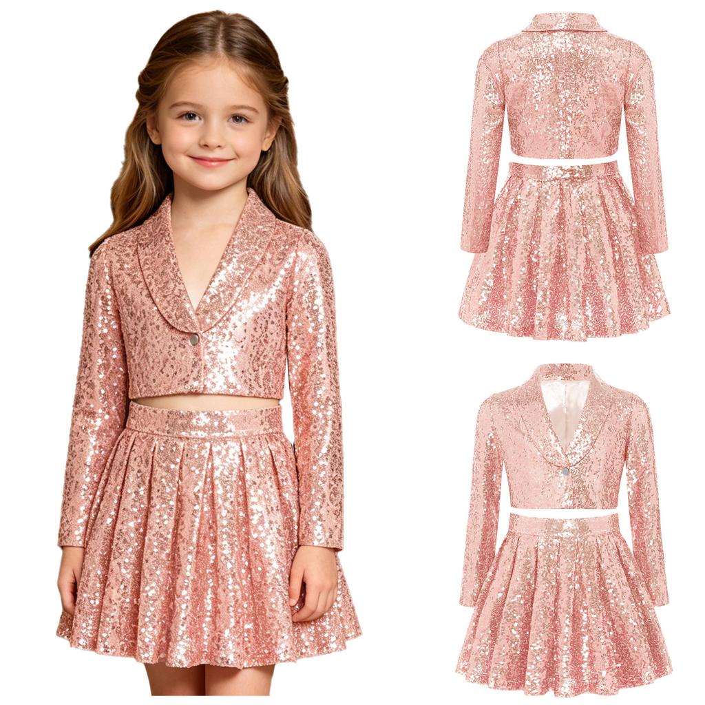 Kinder Mädchen Funkelndes Pailletten Bühnen Set Revers Langarm Ein-Knopf Crop Cardigan Jacke und Faltenrock 2-teiliges Auftritts Outfit