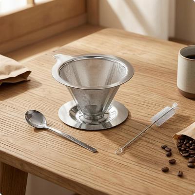 Reusable Coffee Strainer with Measuring Spoon Paperless Cone Fine Mesh Dripper