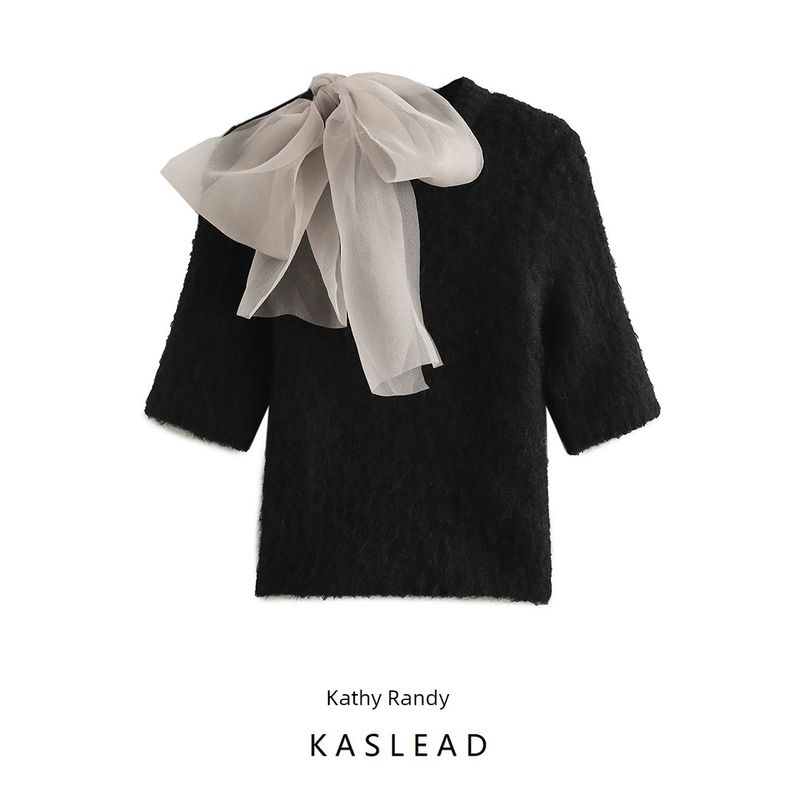 Kaslead New Arrival Women's Clothing Fashion Style Fashion Transparent Organza Bowknot Decoration Knitting Tops 2756127