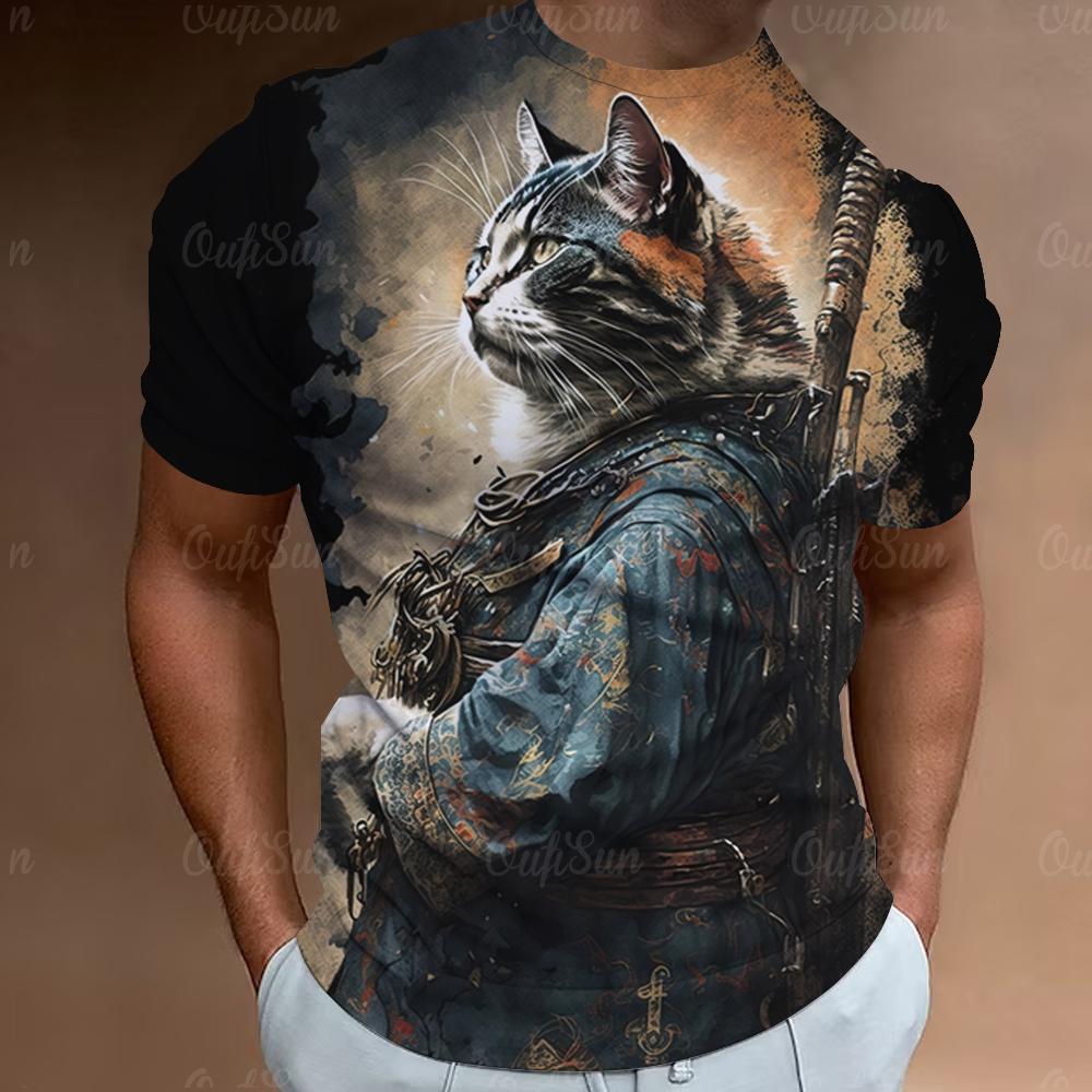 Samurai Cat T-Shirts For Men 3d Print Men'S Clothing Street Designer Short Sleeved Tops Tees Oversized T-Shirt Casual Sweatshirt