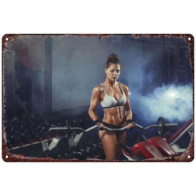 Vintage Fitness Metal Tin Signs  Workout Muscle Women Wall Posters Decoration for Garage Game Room Gym Cafe Living Room Club