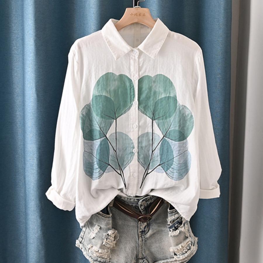 Primavera Otoño Top Blanco Camisas de Hilo de Algodón de Doble Capa Mujer Cuello de Solapa Manga Larga Blusas Estampadas