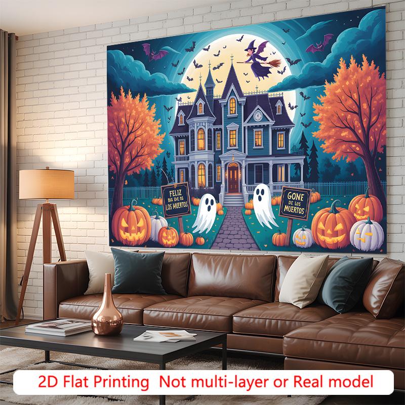 Party Backdrop Halloween Orange Moon Flat Haunted Mansion Pumpkins Ghosts Witches Celebration Photo Booth Party Decor