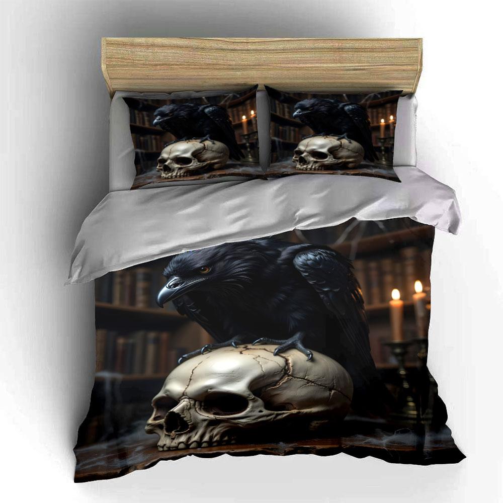 Raven On Skull Gothic Artwork Bedding Duvet Cover Set (1*Duvet Cover 2*Pillowcases, Without Duvet Insert)
