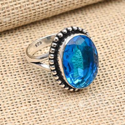 Blauer Topas-Edelstein, handgefertigter Schmuck, massiver Ring aus 925er Sterlingsilber