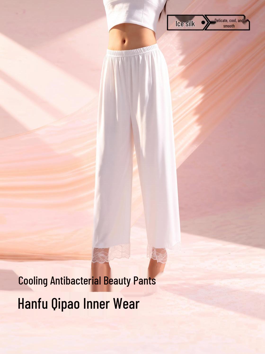 

White 3/4 Length Leggings with Skirt - 2026 Anti-Exposure Hanfu Qipao Style, Lace Trim Safety Pants D Large (150-170 lbs)