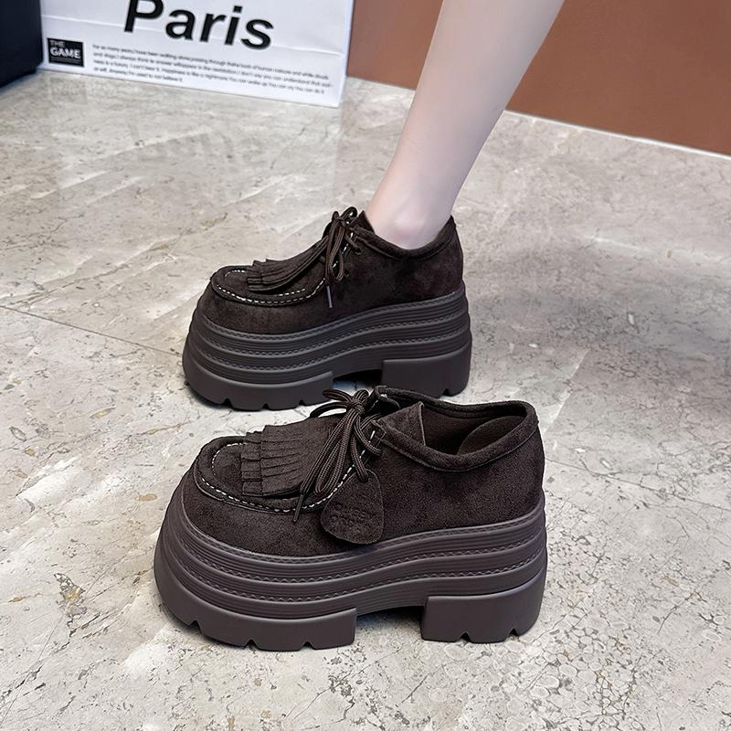 Fashion 10CM Women‘s Casual Loafers Suede Leather Pumps Tassel Design Monk Shoes Autumn Slip-On High Heels Comfortable Chunky Sneakers