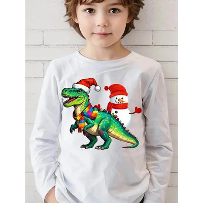 Roupas Infantis Camisetas Estampa Divertida Papai Noel Montando um Dinossauro Estampa 3D Feliz Natal Menino Mangas Compridas Esportes ao Ar Livre Desenho Animado Tops