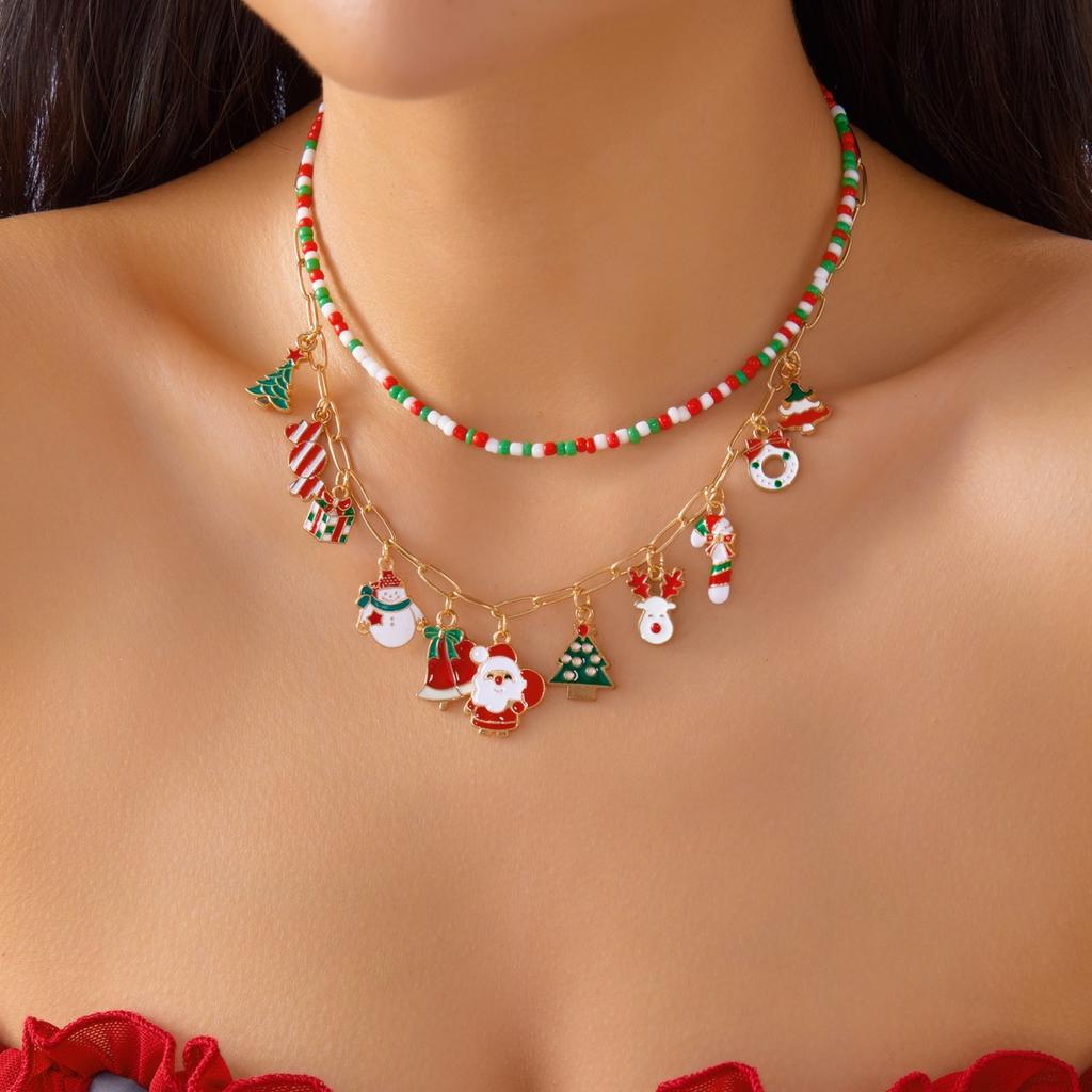 Christmas Snowflake Gingerbread Tree Pendant Necklace Snowman Reindeer Bell Soft Clay Crystal Beads Fringe Choker For Women Men
