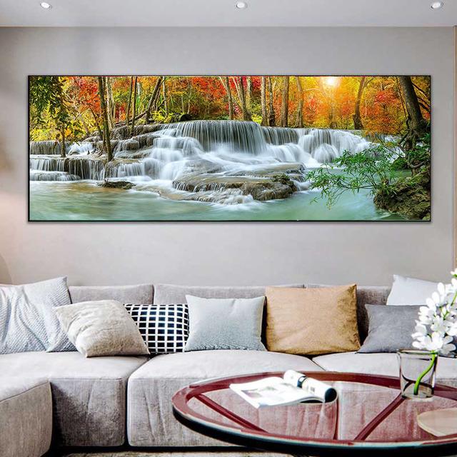Krajina Přírodní Vodopád Obraz na plátně Zelený strom Jezerní list Plakáty a obrazy Nástěnný obraz Obývací pokoj Home Decor Bez rámu