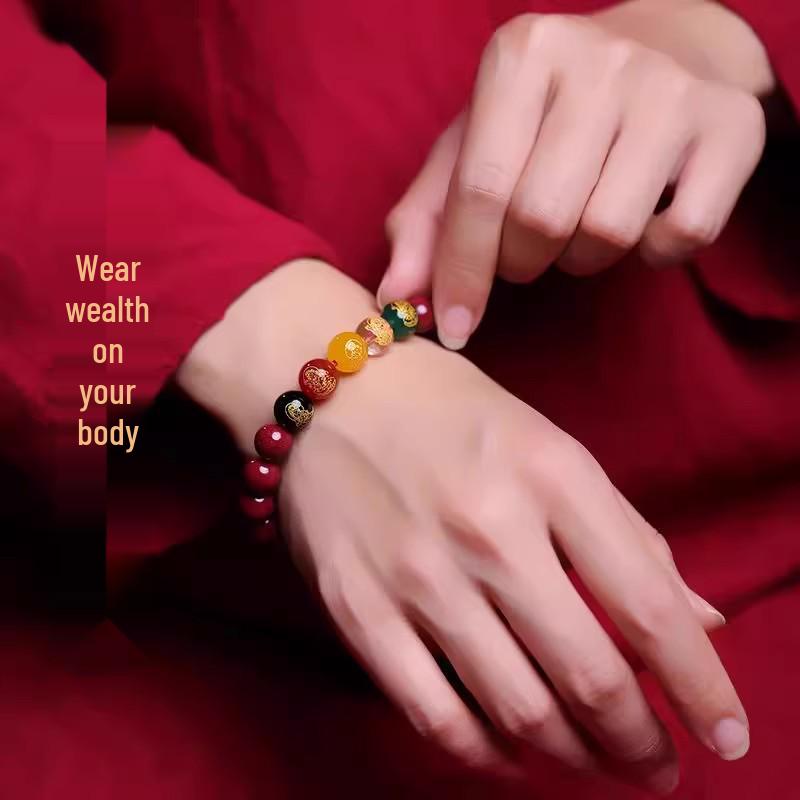 Cinnabar Lucky Bead Bracelet: Attract Wealth with Benmingnian Five Paths God of Wealth Purple Gold Cinnabar Bangle Gift.