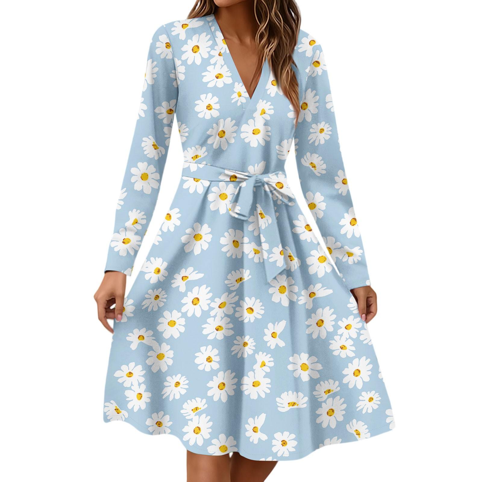 

Жіноча мода Повсякденна сукня міді з V-подібним вирізом, довгим рукавом, талією та квітковим принтом XL небо синє кольору