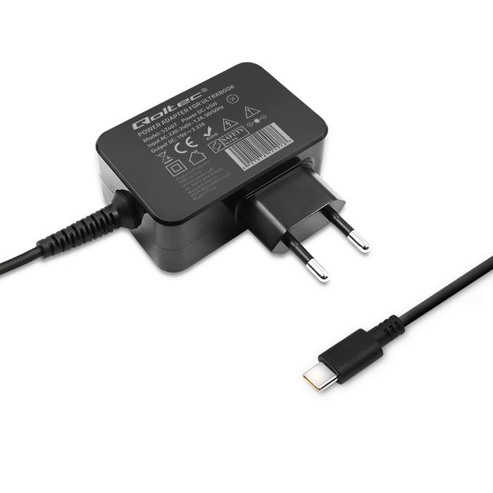 Qoltec Ładowarka sieciowa 65W | 5-20V | 3-3.25A | USB typ C | PD | Laptop | Smartfon | Czarna