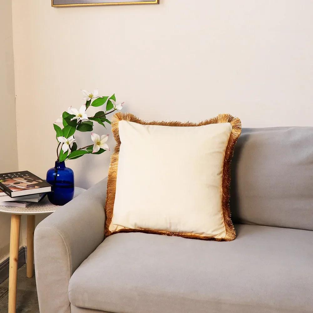 Velvet Cushion Cover with Gold Tassels Edge, Monochromatic Pillowcase, Decorative Sample Room, Bed and Sofa