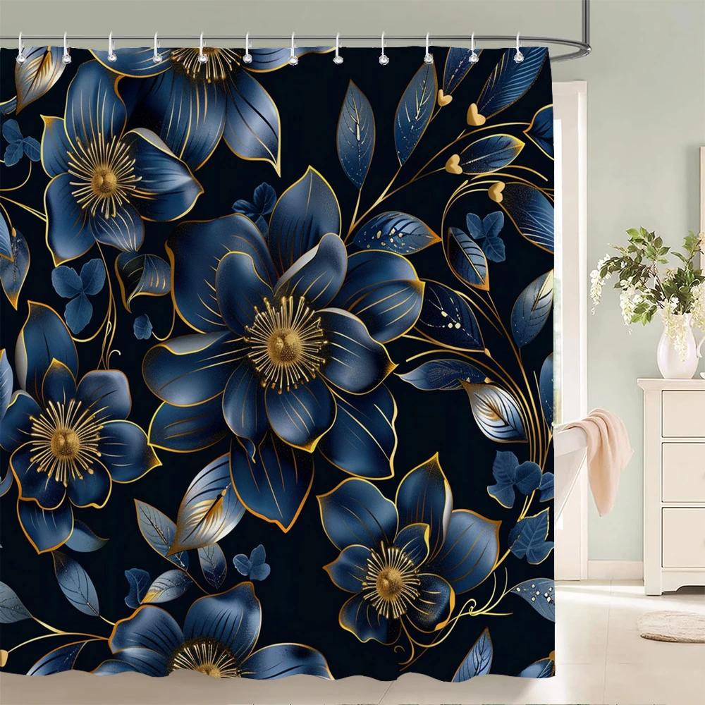Home shower curtains for bathroom waterproof fabric Black and gold Flower bathroom Curtains with hooks decorative curtain