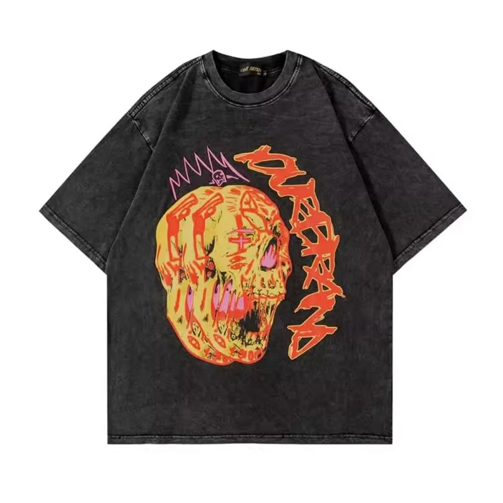 Retro Washed T Shirt Shadow Letter Print Hip Hop Gothic Streetwear Short Sleeve Summer Fashion Tops Tees Y2k Clothing S