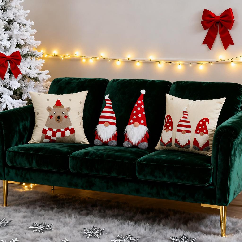 Christmas Decorative Throw Pillow Cover Velvet Material Santa Claus Cartoon Pattern Embroidered Cushion Cover Holiday Home Sofa Decor 45x45 cm