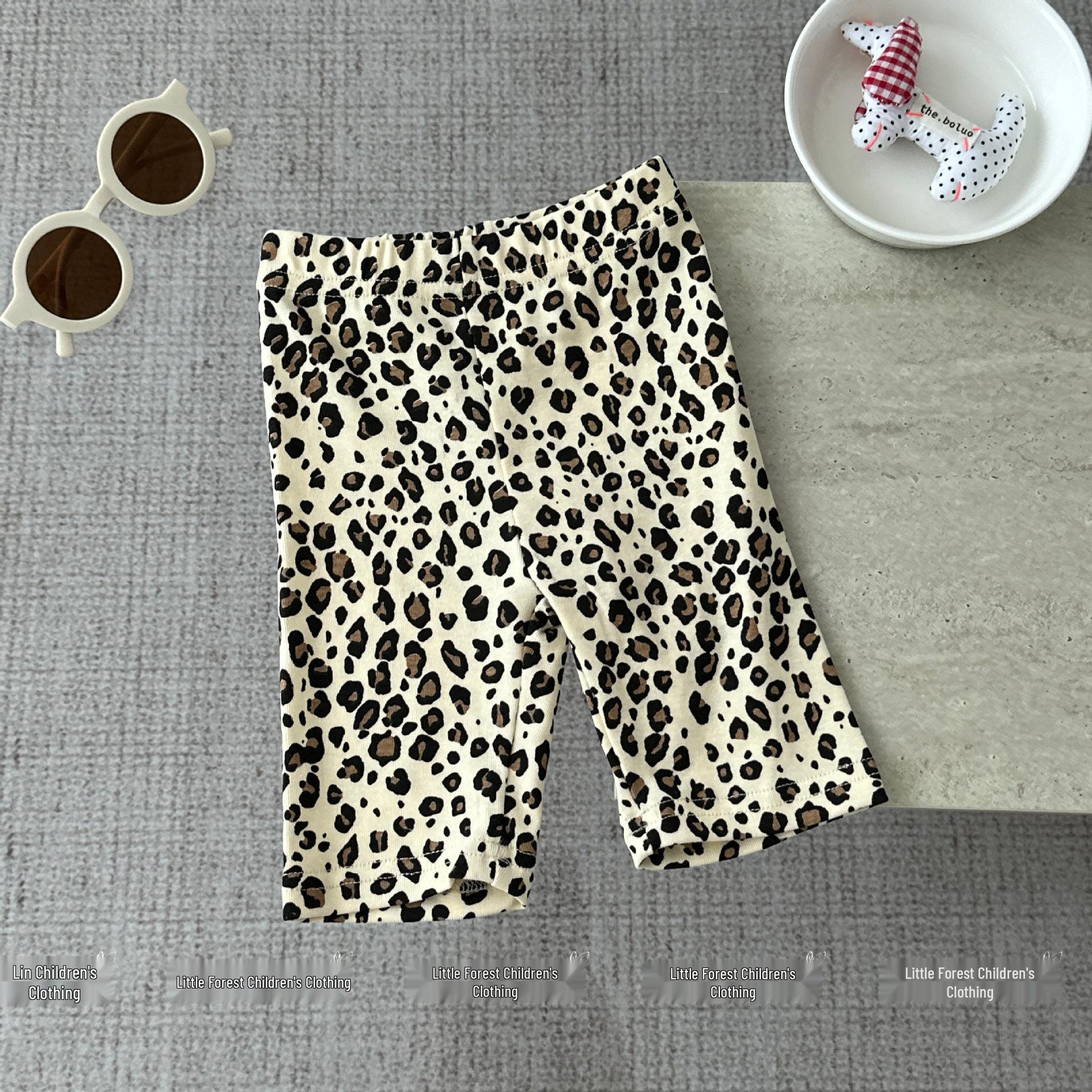 Korean Style 2026 Summer Girls Cartoon T-Shirt & Leopard Shorts Set Size 90