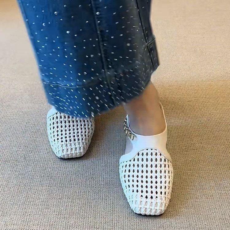 Sheepskin version inner height increase 7CM woven hollow bag head half slippers outer wear breathable skirt platform sandals women