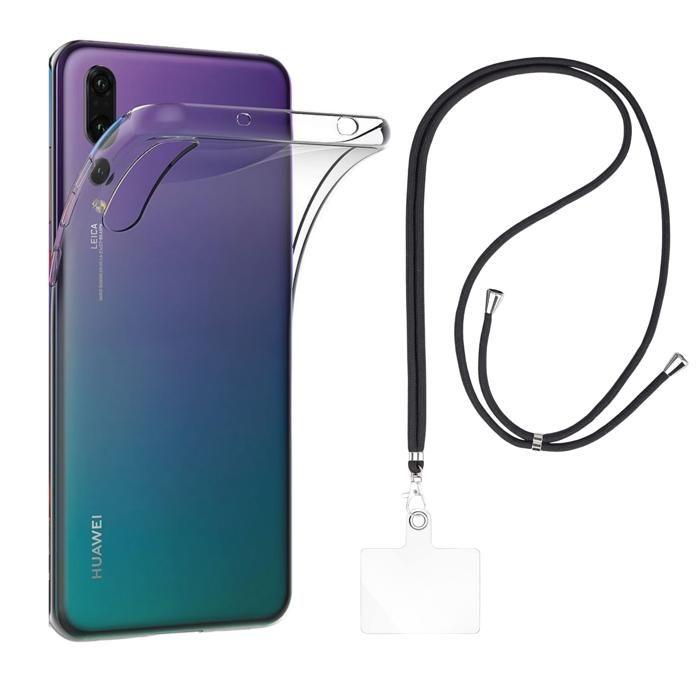 Coque et tour de cou pour Huawei P20 PRO - TPU Souple Transparent Cordon Noir réglable Phonillico®